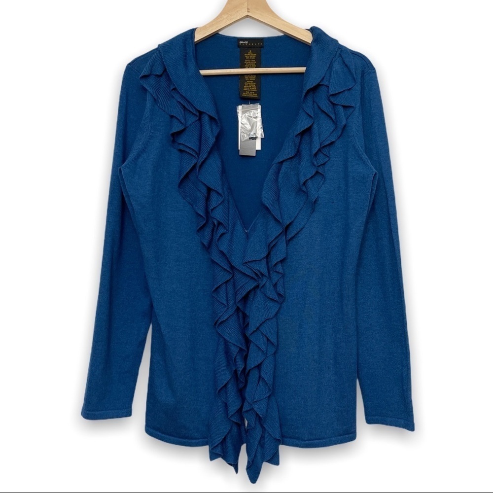 NEW Grace Elements Blue Ruffled Trim Flyaway Cozy Plush & Chic Cardigan Sweater
